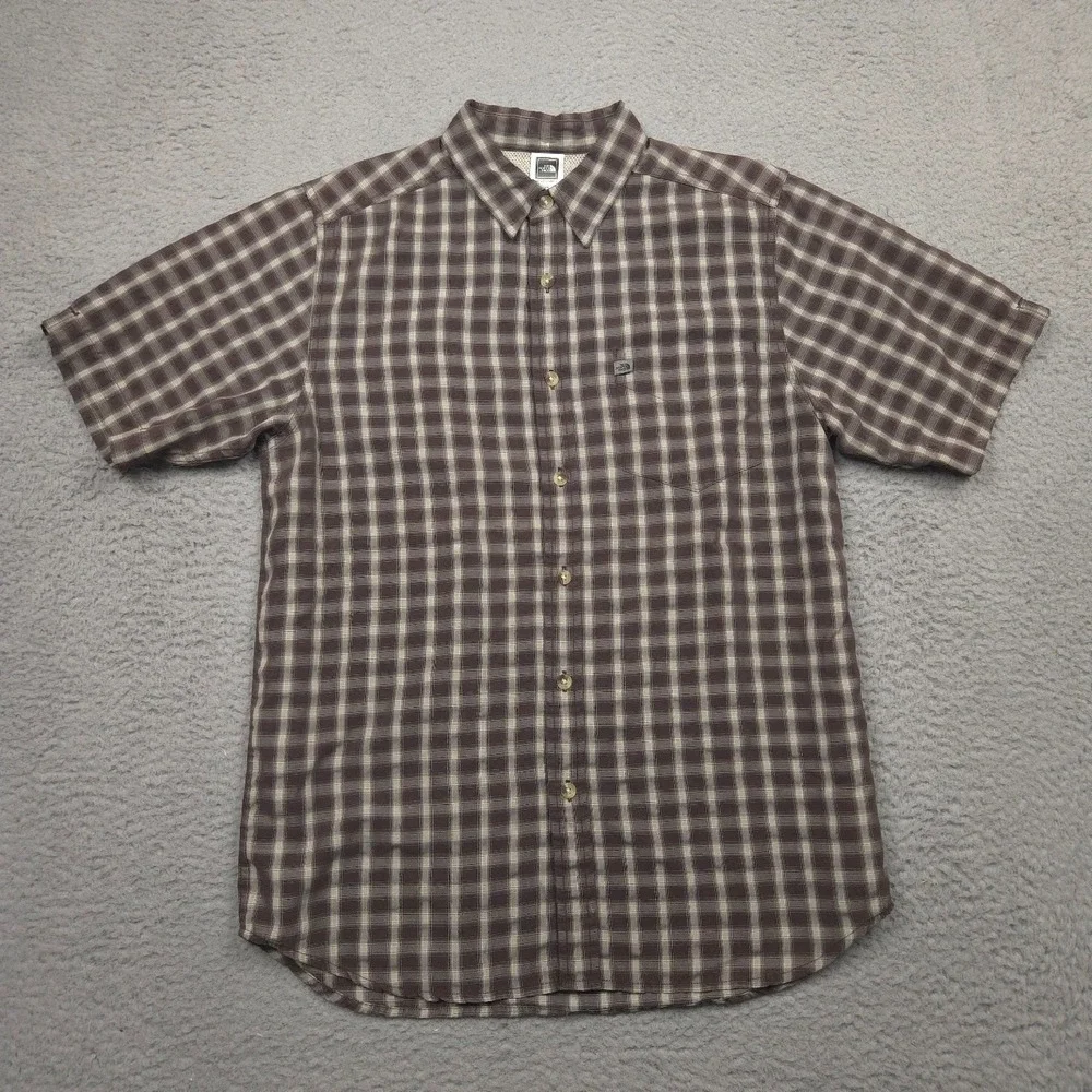 The North Face Mens M Plaid Modal Short Sleeve Hiking Shirt Brown Vented